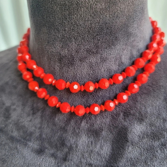 Vintage Women's Gorgeous Red Granule Double Layered Bead Necklace 13" +3" - Picture 6 of 8